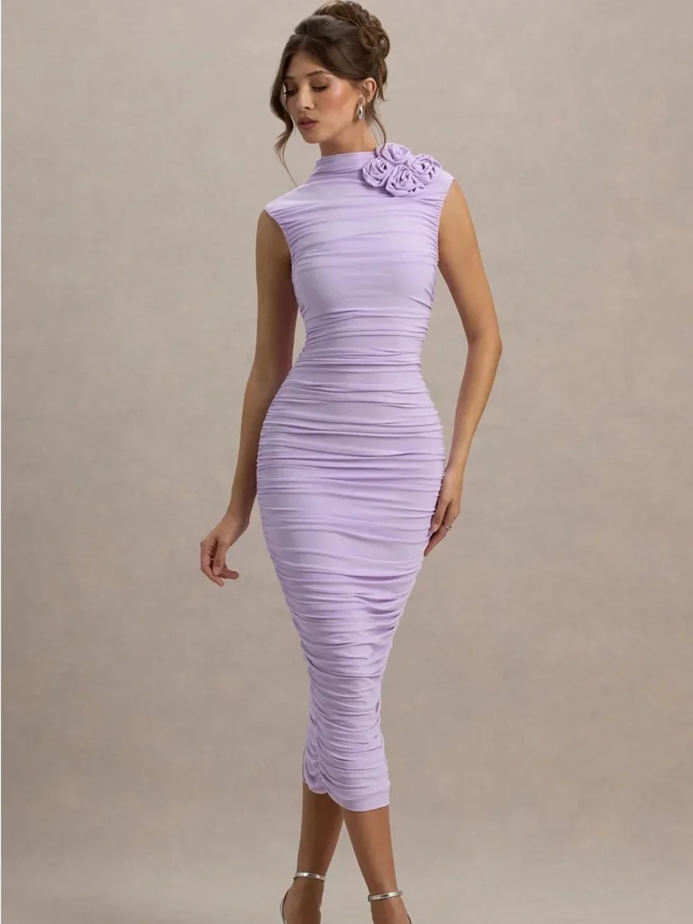 Club L London Bridget Lilac High-Neck Gathered Midi Dress With Floral